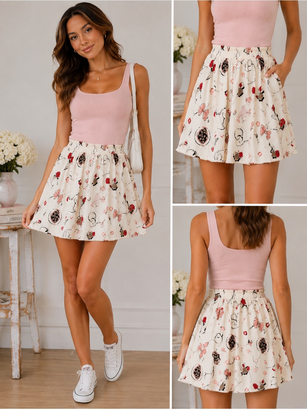 Vintage Print Fashion-Themed Mini Skort | Lipstick Perfume Parisian Coquette - Picture 1 of 5